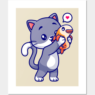 Cute Cat Holding Fish Cartoon Posters and Art